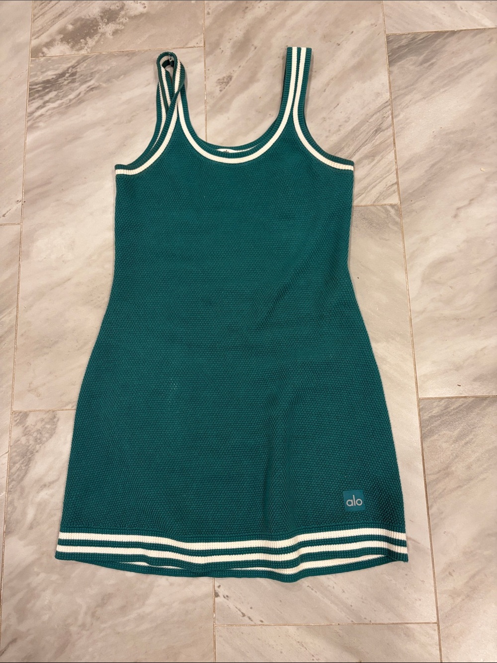 ALO Yoga Teal Knit Tank Mini Dress with Cream Stripe Trim